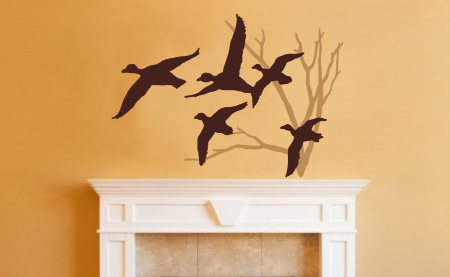 Ducks In Flight And Bare Tree Two Color Choice Vinyl Wall Decal 22218