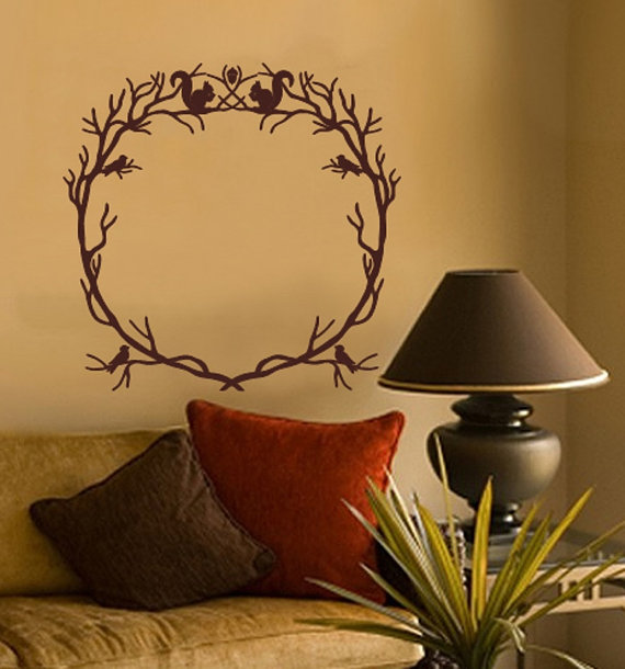 Woodland Branch Wreath With Squirrels And Birds Vinyl Wall Decal 22215