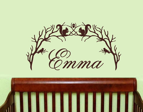 Personalized Woodland Branch Arch With Squirrels And Birds Vinyl Wall Decal 22212