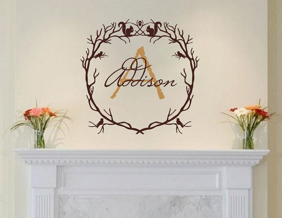 Monogram Woodland Branch Wreath With Squirrels And Birds Vinyl Wall Decal 22213
