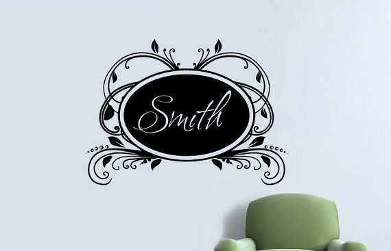 Custom Personalized Elegant Vintage Frame Vinyl Wall Decal Family Name Script Solid 22181