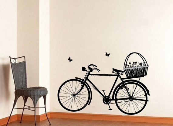 Wall Decal Bicycle With Flower Basket And Butterflies Vinyl Wall Decal 22129
