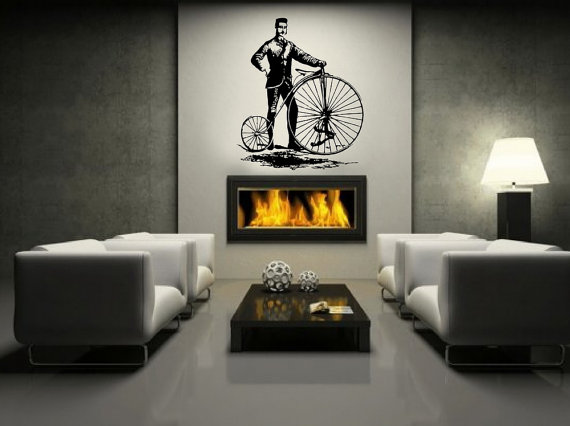 Wall Decal Bicycle Antique Vintage Style Bicycle And Man Large Vinyl Wall Decal 44"w X 51.5"h 22087