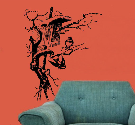 Wall Decal Winter Birds With Birdhouse And Tree Vinyl Wall Decal 22145